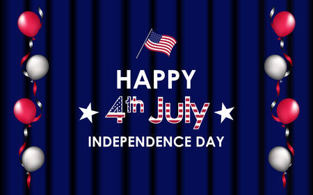 Happy 4th of July. USA Independence Day celebration in blue stage curtain background with star, foil balloons in paper serpentine, US Flag. For posters, greetings, banners, promotions, backgroundsのイラスト素材