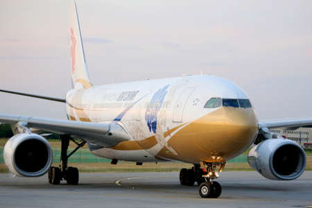 BUDAPEST, HUNGARY - SEPTEMBER 4: on Sept 4, 2016 in Budapest Ferihegy International Airport from the an Airbus A330-200 Air China fleet rolling to the runway.のeditorial素材