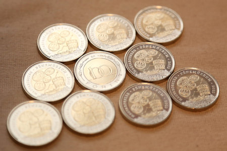 New 100 Ft (HUF) coins issued by the Hungarian National Bank on the occasion of the opening of the...