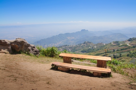 Bench with the mountain viewの写真素材