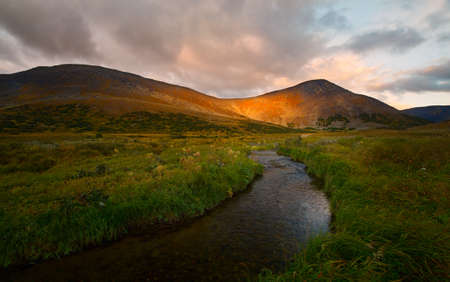 Sunset in the mountains of the Polar Uralsの写真素材