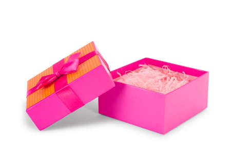 open red present paper box with purple ribbon bow, isolated on whiteの写真素材