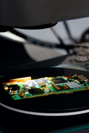 Nano technology concept background. Micro chip matrix illuminated on a microscope table