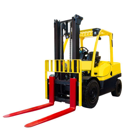 Forklift loader pallet stacker truck equipment yellow isolated on white backgroundの写真素材