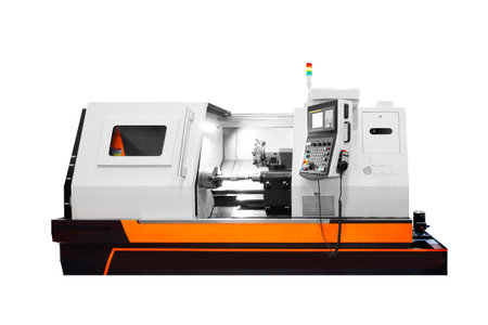Manufacturing professional lathe machine. Industrial concept. Programmable modern digital lathe...