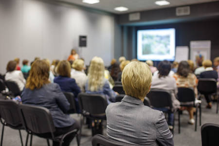 Business woman and people Listening on The Conference. Horizontal Imageの写真素材