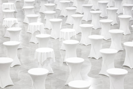 Many white round tables, celebration concept, banquet concept, conference concept, texture background, blankの写真素材