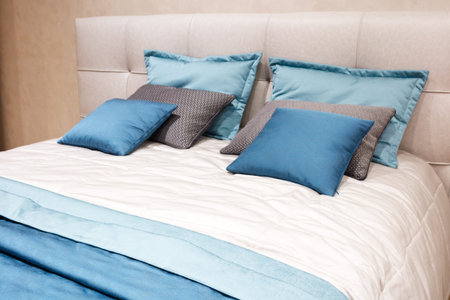 luxury modern style bedroom in pink and blue tones, Interior of a hotel bedroom