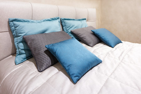 luxury modern style bedroom in pink and blue tones, Interior of a hotel bedroom