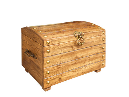 Old wood chest closed isolated on white background