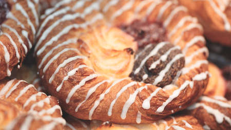 Bars cakes buns cookies background, Dessert, sweets for tea. Fattening sweets conceptの写真素材