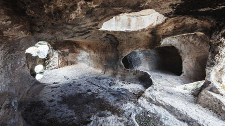 Interior of a medieval cave stone dwelling, Crimea, Russiaの写真素材