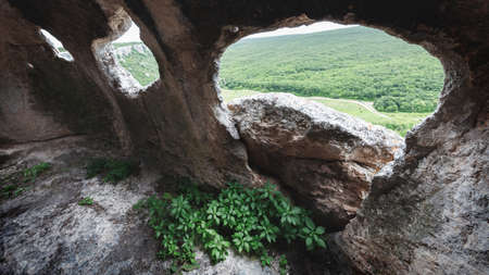 Interior of a medieval cave stone dwelling, Crimea, Russiaの写真素材