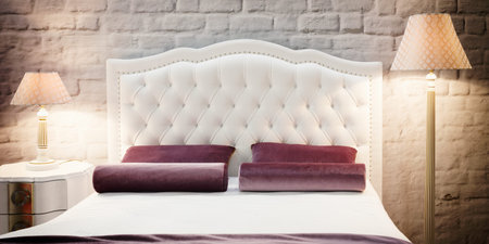 Luxury modern style bedroom in pink and warm tones, Interior of a hotel bedroomの写真素材