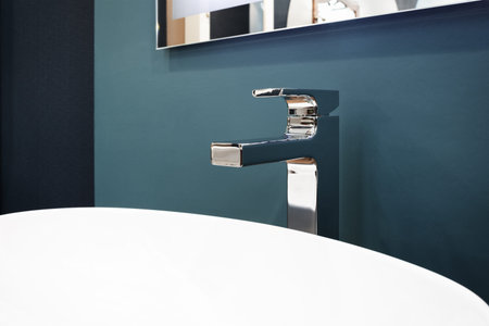 Luxury modern style faucet mixer on a white round sink in beautiful dark blue bathroom