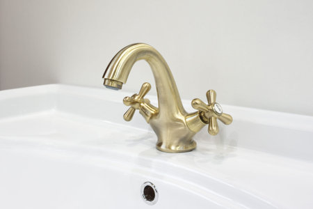 Bathroom with white sink and classic retro style bronze faucetの写真素材