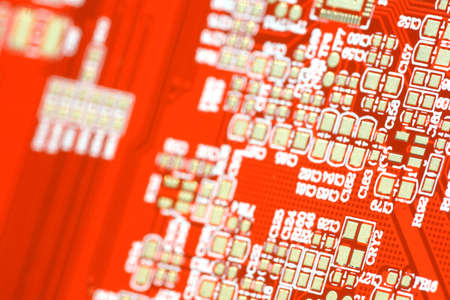 Circuit red board. Electronic computer hardware technology. Motherboard digital chip. Tech science background. Integrated communication processor. Information engineering component.の写真素材