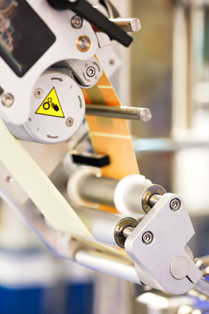 Fragment of the conveyor of sticking labeling machine. Abstract industrial background.