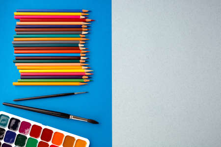 Back to school concept on blue texture paper background.の写真素材
