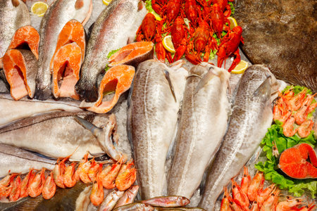 showcase of seafood in the sea market