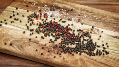 Red and black granules of pepper and salt on a wooden board, spices concept, cooking concept