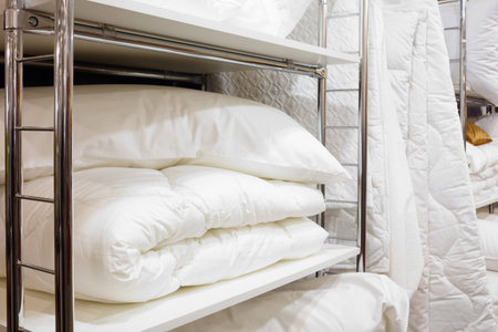 White bathrobe with hanger in wardrobe,  Blankets and towels at hotel room.Close up of clothes hanger and bathrobe in wardrobe in hotel.の写真素材