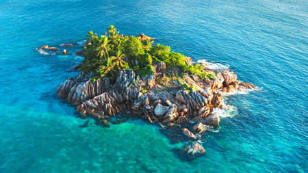 Tropical island with sea and palm taken from drone. Seychelles aerial photo. St Pierre Islandの写真素材