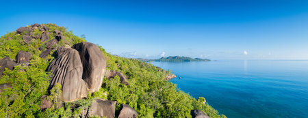 Tropical island with sea and palm taken from drone. Seychelles aerial panorama photoの写真素材