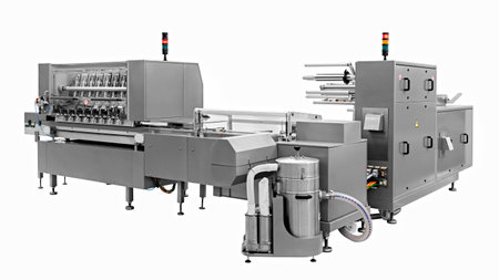 Industrial line for packaging of bakery products. Packing of bread at the factory.The machine for...
