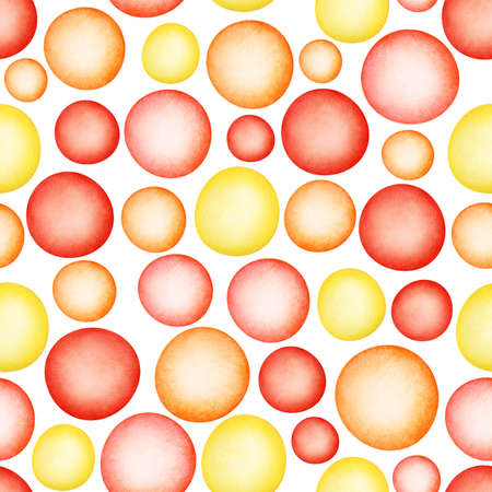Round watercolor stains seamless pattern with yellow, red and orange dotsの写真素材