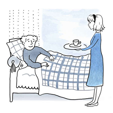 Young woman, nurse, daughter, caring for an old sick man in bed, giving him a drink, health concept, old age concept, watercolor painting illustration of handmade workの写真素材