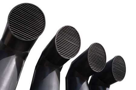 Ventilation pipes isolated on white background, template with copy space, industrial urbanistic...