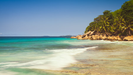 Palm and tropical sea beach panorama. Anse Source d'Argent, La Digue island. Seychelles