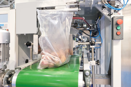 Food factory automated robotic machine. Conveyor product line for cooking and packing rations and...