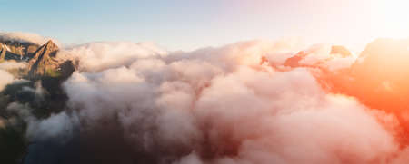 Aerial summer sky panorama  view of  norway mountains, lofoten, vacation travel conceptの写真素材