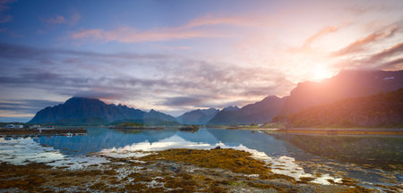 Aerial summer sea panorama  view of  norway mountains, lofoten, vacation concept