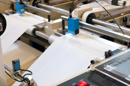 The operation of automatic plastic bag production machine. Close-up of the roller of the...
