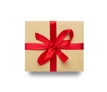 Wrapped vintage gift box with red ribbon bow, isolated on white background