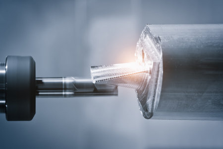 The Hi-precision CNC milling machine with cutting sample in blue-silver tone.The micro cutting...