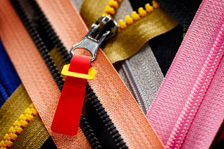 Zip background texture of zippers sliders. a lot of zippers in different colors. sewing clothes,...