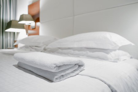 Luxury beautiful bedroom interior in a hotel or apartmentの写真素材