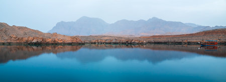 Sea tropical landscape with mountains and fjords, Omanの写真素材