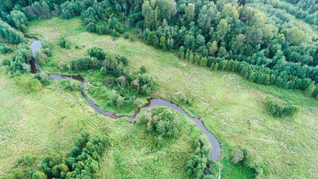 Aerial top view ecosystem of forest river and lake on meadow valley, Texture of forest view from...
