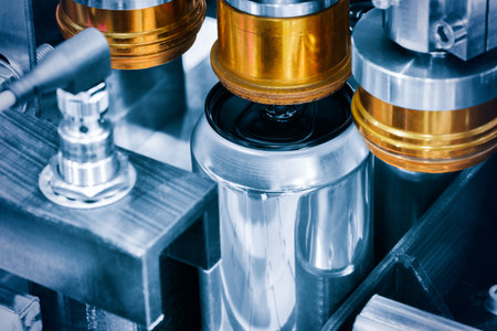 Conveyor with beer cans on the belt.Shop for the production of beer drinkの写真素材