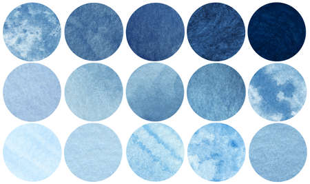 Abstract blue sea and sky watercolor circles. Watercolor stains set isolated on white background. Watercolor palette. Watercolor hand painted circles collection.の写真素材