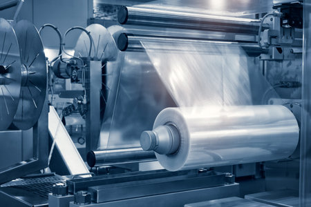 The operation of automatic plastic bag production machine with lighting effect. Close-up of the...