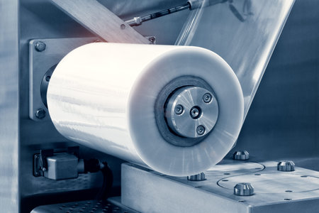 The operation of automatic plastic bag production machine with lighting effect. Close-up of the...