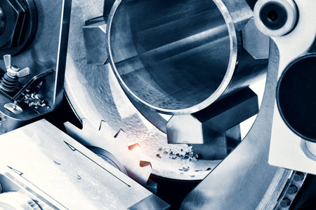 Industrial circular saw machine for metal close-up, industrial metal concept background