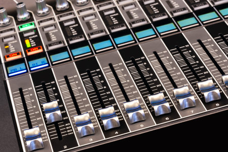 Audio sound DJ mixer control panel remote for music keyboard. close up view macro closeup.
