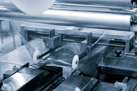 The operation of automatic plastic bag production machine with lighting effect. Close-up of the...